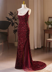 Dream, Wine Red Sequins Mermaid Long Formal Dress, Wine Red Evening Dress Party Dress