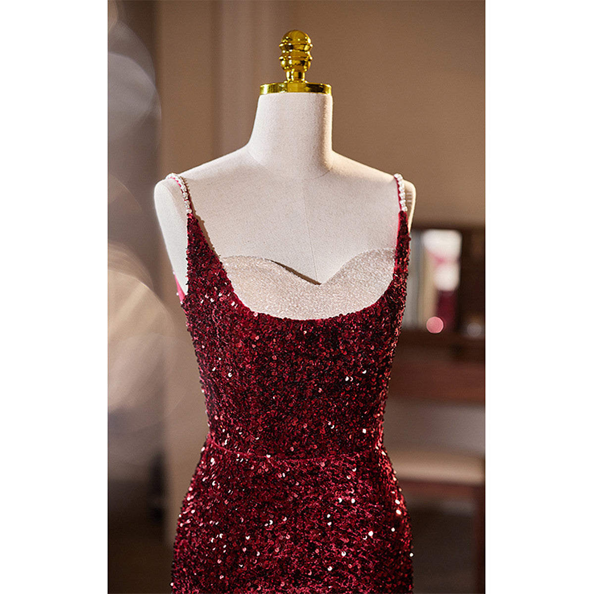 Vintage Dress, Wine Red Sequins Mermaid Long Formal Dress, Wine Red Evening Dress Party Dress