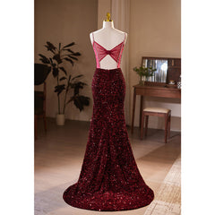 Classy Prom Dress, Wine Red Sequins Mermaid Long Formal Dress, Wine Red Evening Dress Party Dress