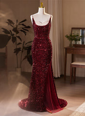Prom Dress For Kids, Wine Red Sequins Mermaid Long Formal Dress, Wine Red Evening Dress Party Dress
