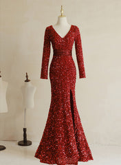 Wedding Dress 2022, Wine Red Sequins Mermaid Long Sleeves Party Dress, Wine Red Long Wedding Party Dress