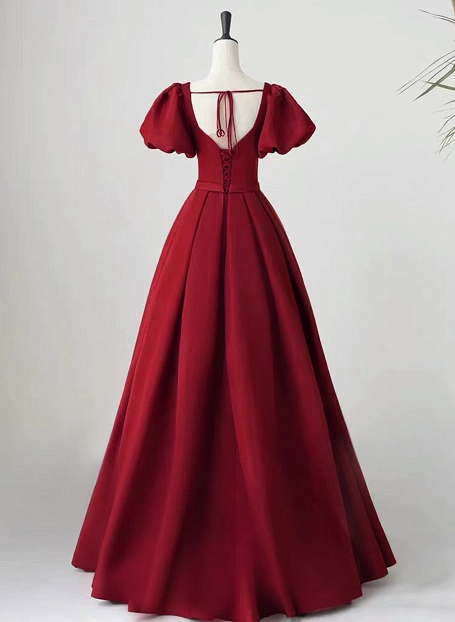 Bridesmaid Dresses Designer, Wine Red Short Sleeves A-line Floor Length Party Dress, Long Prom Dress