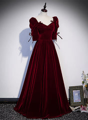 Bridesmaid Dresses Black, Wine Red Short Sleeves A-line Long Party Dress, Wine Red Bridesmaid Dress