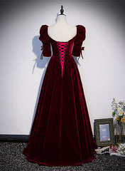 Bridesmaids Dress Burgundy, Wine Red Short Sleeves A-line Long Party Dress, Wine Red Bridesmaid Dress