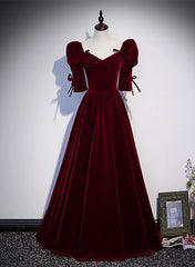 Wedding Ideas, Wine Red Short Sleeves A-line Long Party Dress, Wine Red Bridesmaid Dress