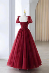 Simple Wedding Dress, Wine Red Short Sleeves Beaded Long Prom Dress, Wine Red Sweetheart Party Dress