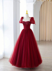 Long Sleeve Wedding Dress, Wine Red Short Sleeves Beaded Long Prom Dress, Wine Red Sweetheart Party Dress