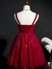 Prom Dress Light Blue, Wine Red Short Tulle Straps Cute Homecoming Dress, Wine Red Short Prom Dress