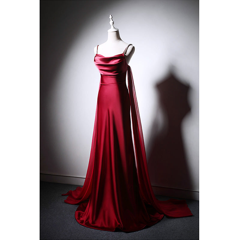 Bridesmaids Dress Beach, Wine Red Soft Satin Long Straps Long A-line Prom Dress, Wine Red Evening Dress