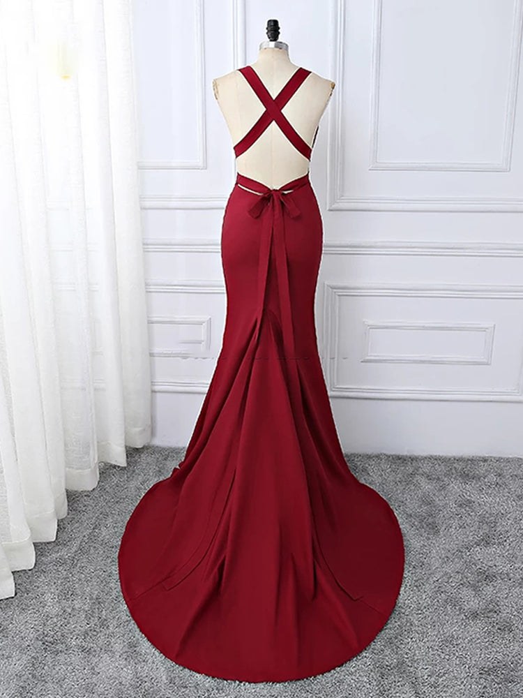 Prom Dress Off Shoulder, Wine Red Spnadex Sexy Cross Back Mermaid Long Party Dress, Wine Red Evening Gown