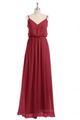 Formal Dresses Fashion, Wine Red Straps Blouson Chiffon Long Bridesmaid Dress