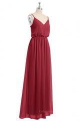 Formal Dress Fashion, Wine Red Straps Blouson Chiffon Long Bridesmaid Dress