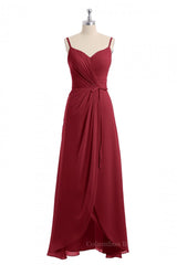 Formal Dress For Wedding Guest, Wine Red Straps Faux Wrap Long Bridesmaid Dress