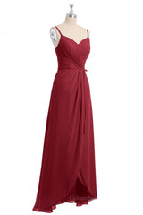 Formal Dress For Weddings Guest, Wine Red Straps Faux Wrap Long Bridesmaid Dress