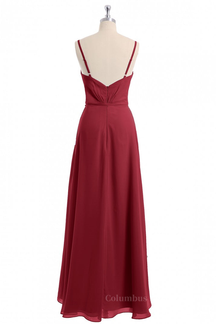 Formal Dress To Attend Wedding, Wine Red Straps Faux Wrap Long Bridesmaid Dress