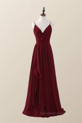 Party Dress Styling Ideas, Wine Red Straps Ruffle A-line Long Bridesmaid Dress