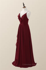 Party Dresses Shorts, Wine Red Straps Ruffle A-line Long Bridesmaid Dress