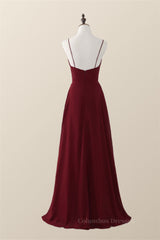 Party Dress Classy, Wine Red Straps Ruffle A-line Long Bridesmaid Dress