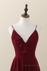 Party Dresses Outfit, Wine Red Straps Ruffle A-line Long Bridesmaid Dress