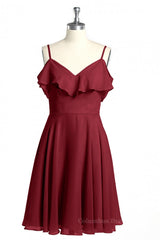 Formal Dress For Wedding Party, Wine Red Straps Short Ruffles Bridesmaid Dress