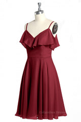 Formal Dress Floral, Wine Red Straps Short Ruffles Bridesmaid Dress