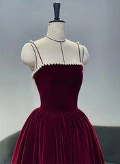 Party Dresses Australia, Wine Red Straps Velvet Party Dress with Pearls, Wine Red Tea Length Formal Dress