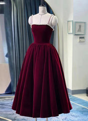 Party Dresses Winter, Wine Red Straps Velvet Party Dress with Pearls, Wine Red Tea Length Formal Dress
