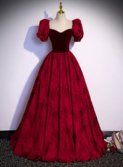 Prom Dressed A Line, Wine Red Sweetheart Short Sleeves Long Party Dress, Wine Red Evening Dress Prom Dress