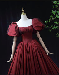 Bridesmaids Dresses Styles, Wine Red Taffeta Short Sleeves Long Prom Dress, Wine Red Evening Dress Formal Dress