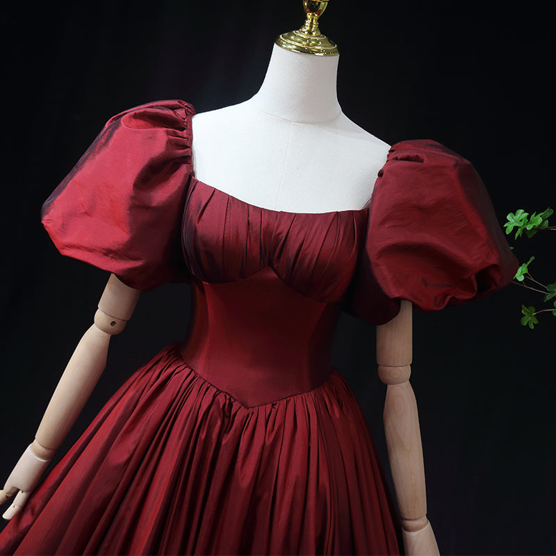 Bridesmaids Dress Style, Wine Red Taffeta Short Sleeves Long Prom Dress, Wine Red Evening Dress Formal Dress