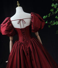 Bridesmaids Dress Styles, Wine Red Taffeta Short Sleeves Long Prom Dress, Wine Red Evening Dress Formal Dress