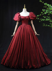 Bridesmaid Dresses Style, Wine Red Taffeta Short Sleeves Long Prom Dress, Wine Red Evening Dress Formal Dress