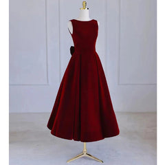 Wedding Dress With Covered Back, Wine Red Tea Length Velvet Party Dress with Bow, Burgundy Wedding Party Dresses