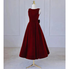 Wedding Dress Beautiful, Wine Red Tea Length Velvet Party Dress with Bow, Burgundy Wedding Party Dresses