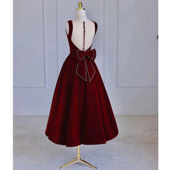 Wedding Dress Design, Wine Red Tea Length Velvet Party Dress with Bow, Burgundy Wedding Party Dresses