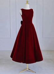 Wedding Dresses Ideas, Wine Red Tea Length Velvet Party Dress with Bow, Burgundy Wedding Party Dresses