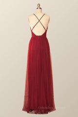 Bridesmaids Dresses Near Me, Wine Red Tulle A-line Long Maxi Dress