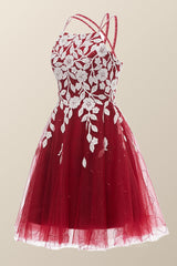 Bridesmaids Dress Affordable, Wine Red Tulle and White Appliques A-line Dress