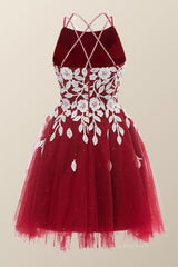 Bridesmaids Dresses Cheap, Wine Red Tulle and White Appliques A-line Dress