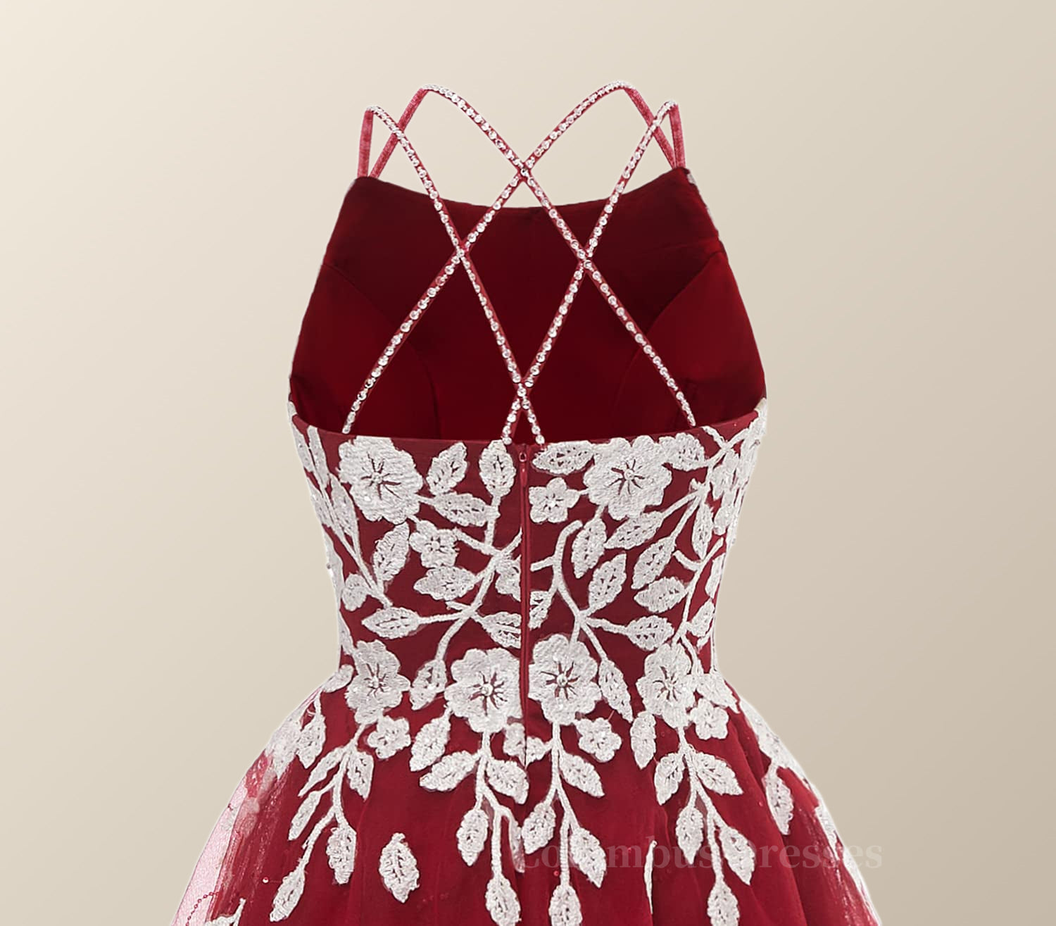 Bridesmaid Dress Cheap, Wine Red Tulle and White Appliques A-line Dress