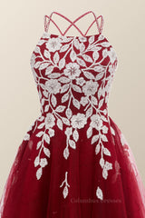 Bridesmaids Dress Cheap, Wine Red Tulle and White Appliques A-line Dress