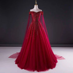 Chic Dress Classy, Wine Red Tulle Beaded Tulle Sparkle Long Prom Dress, Dark Red Sweet 16 Gown