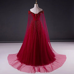 Prom Aesthetic, Wine Red Tulle Beaded Tulle Sparkle Long Prom Dress, Dark Red Sweet 16 Gown
