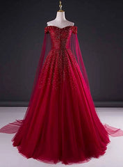 Silk Prom Dress, Wine Red Tulle Beaded Tulle Sparkle Long Prom Dress, Dark Red Sweet 16 Gown