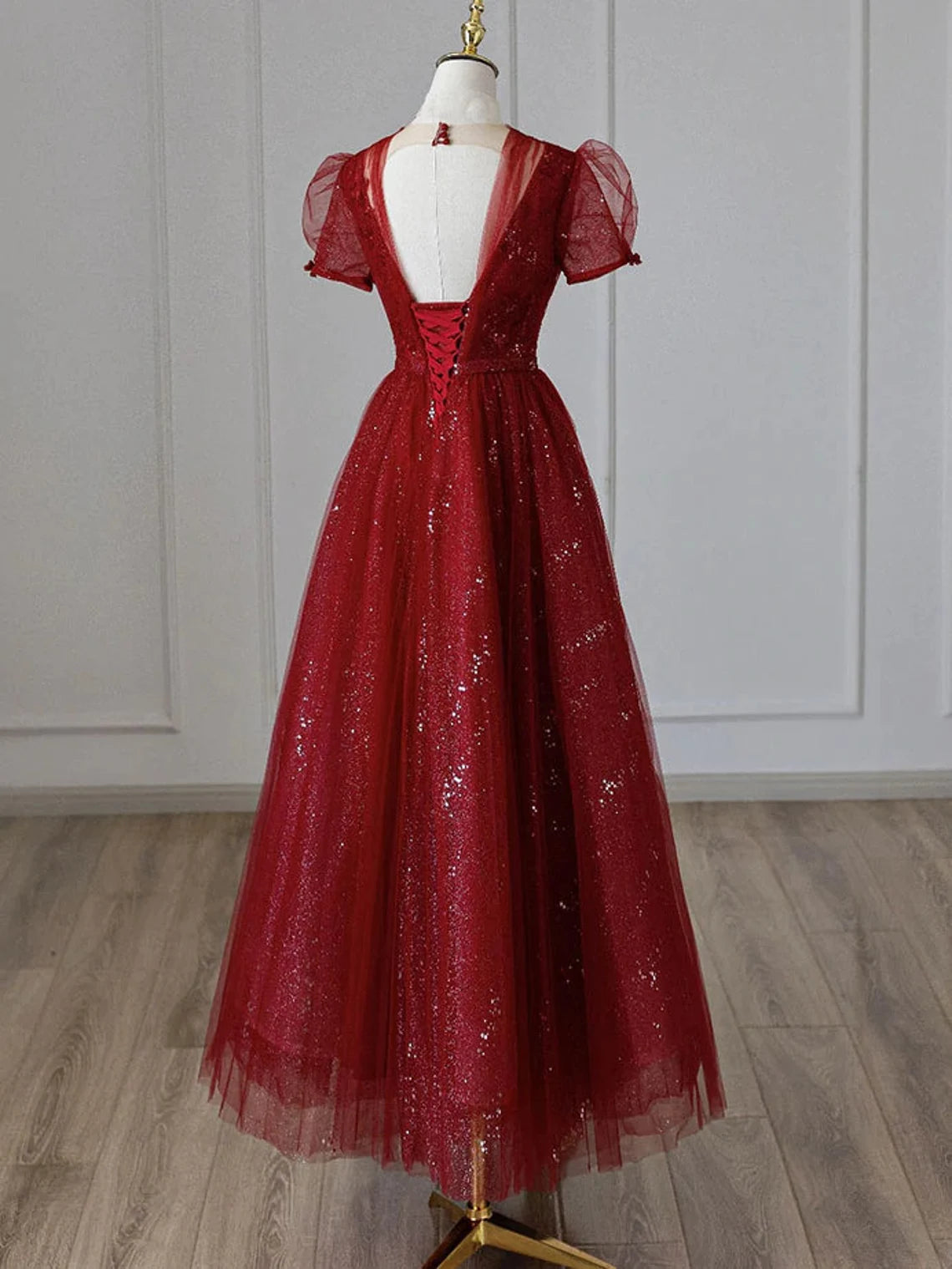 Formal Dresses Long Sleeve, Wine Red Tulle Cap Sleeves Bridesmaid Dress, Wine Red Long Prom Dress