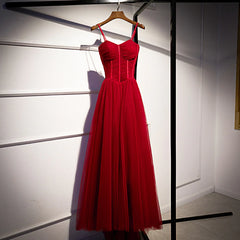 Evening Dresses For Wedding Guest, Wine Red Tulle Long Straps Party Dress Prom Dress, A-line Dark Red Formal Gown