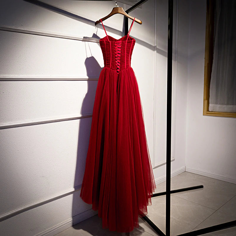 Evening Dresses Off The Shoulder, Wine Red Tulle Long Straps Party Dress Prom Dress, A-line Dark Red Formal Gown
