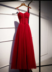 Evening Dress For Wedding Guest, Wine Red Tulle Long Straps Party Dress Prom Dress, A-line Dark Red Formal Gown