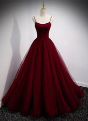 Bridesmaid Dress Designers, Wine Red Tulle Straps Long Evening Dress Party Dress,Wine Red Prom Dress