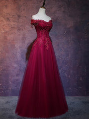 Night Club Outfit, Wine Red Tulle Sweetheart Long Prom Dress, A-line Party Dress